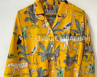 Indiase katoenen pyjama, pyjama met jungleprint, pyjama met dierenprint, cadeaus voor haar, comfortabele pyjama, lounge- en nachtkleding, damesjurk