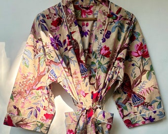 Kimono in cotone con stampa di uccelli, vestaglia in cotone, kimono da donna, regali per lei, kimono, caftano, vestaglia orientale, vestaglia unisex, regali per damigelle d'onore
