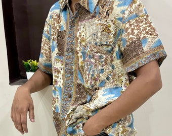 Camisa Oxford / Camisa Hawaiana / Camisa de seda de manga corta con botones para hombre / Regalos para él / Camisas estampadas ligeras / Ropa de hombre
