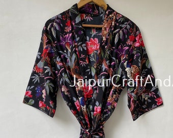 Beautiful Black Floral Print Kimono, Indian Cotton Kimono, Bathrobe, Loungewear Robe, Gifts For Her, Beachwear kimono, Bridesmaids Dress