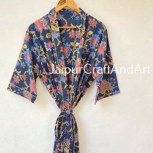Beautiful Cotton Kimono Robe, Blue Floral Printed Cotton Kimono, Lightweight Robe, Nightwear Dress, Dressing Gown, Bathrobe, Summer Dress