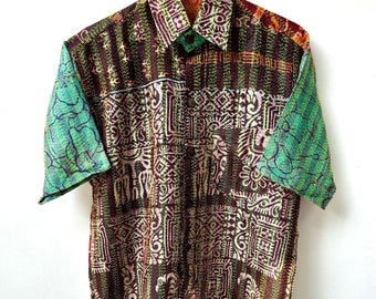 Handmade Kantha Silk Shirt, Men's Shirt, Chic Shirt For Men, Gifts For Him, Retro Vintage Shirt, Oxford Shirt, Hawaiian Shirt, Silk Shirts