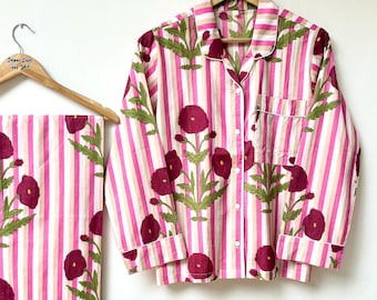 Conjuntos de pijama con estampado floral, conjunto de pijama de algodón indio, vestido transpirable para verano y para estar en casa, ropa bohemia, regalos para ella, vestido de mujer