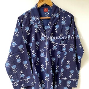 Indigo Blue Cotton Pyjama Set, Indian Hand Block Print Cotton PJ Set, Lounge and Sleepwear, Women Dress, Gifts For Her, Short Pajama, Boho