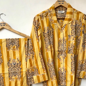 100% Cotton Pajama Set, Hand Block Tiger Print Cotton PJ Set, Indian Pyjamas, Nightwear Dress, Gifts For Her, Women Dress, Christmas Gifts
