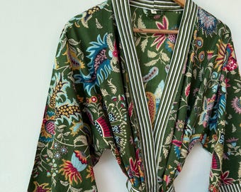 Kimono in cotone con stampa floreale, accappatoio in puro cotone, vestaglia estiva, vestaglie unisex, regali per lei, abbigliamento boho, abito da donna, regalo per damigelle d'onore