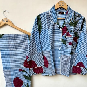 花柄パジャマセット、インド綿パジャマセット、ナイトウェアパジャマセット、スリープウェアドレス、ボヘミアン風ファッション、彼女へのギフト、レディースドレス