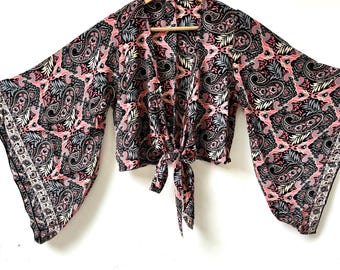 Crepe silk top, Silk Sari Top, Front tie long sleeve top, beachwear, Indian silk wrap top, Flare Sleeve Aesthetic