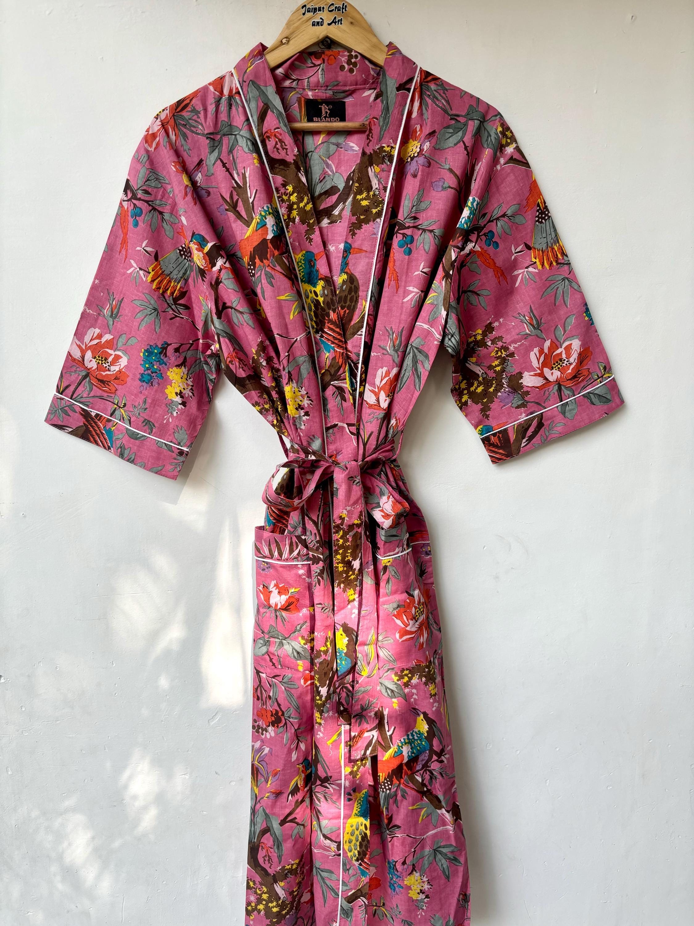 Hand-Printed Cotton Kimono Robe | Boho Floral Print, Lightweight Wrap main image 1