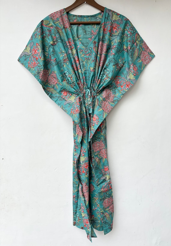 kaftan night dress cotton Indian Sky Blue Floral Cotton Kaftan Night Maxi Gown Women's Clothing Kaftan  US