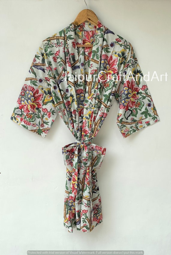 short cotton kimono dressing gown Cotton Kimono Robe Dressing Gown, Block Print Bridesmaid Robe, One Size, Summer Nightwear