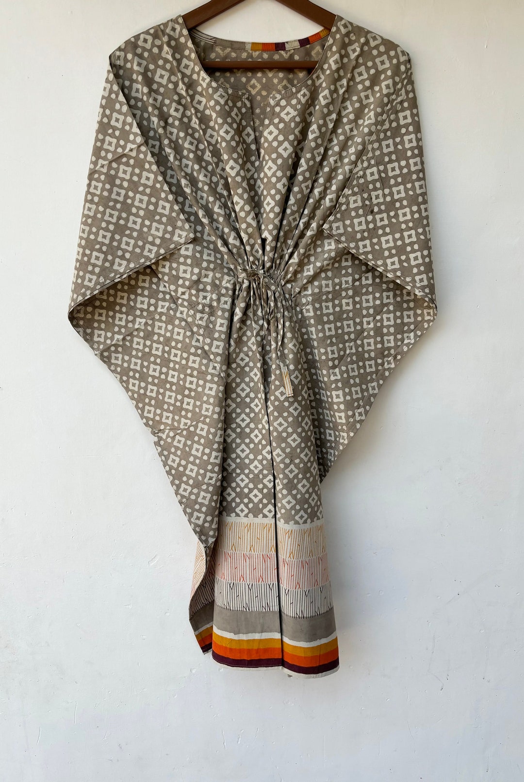 Brown - Bagru Block Printed Cotton Kaftan with Tie-Up Waist (Short)