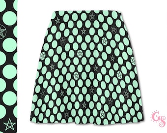 Pastel Goth Flared Skirt: Teal Polka Dot Pentagram Print