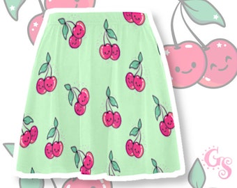 Cherry Skirt Pastel Green Skater Skirt / Happy Cherries Comic Cute Cherry Fruit Print / Printed Kawaii Japan Style Womens Girls