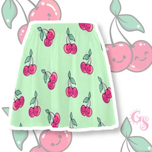 Cherry Skirt Pastel Green Skater Skirt / Happy Cherries Comic Cute Cherry Fruit Print / Printed Kawaii Japan Style Womens Girls