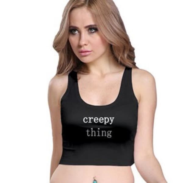 Gothic Top bauchfrei Shirt mit Fun Spruch Print " Creepy Thing " Goth Alternativ Hexen Statement Kleidung I Schwarz