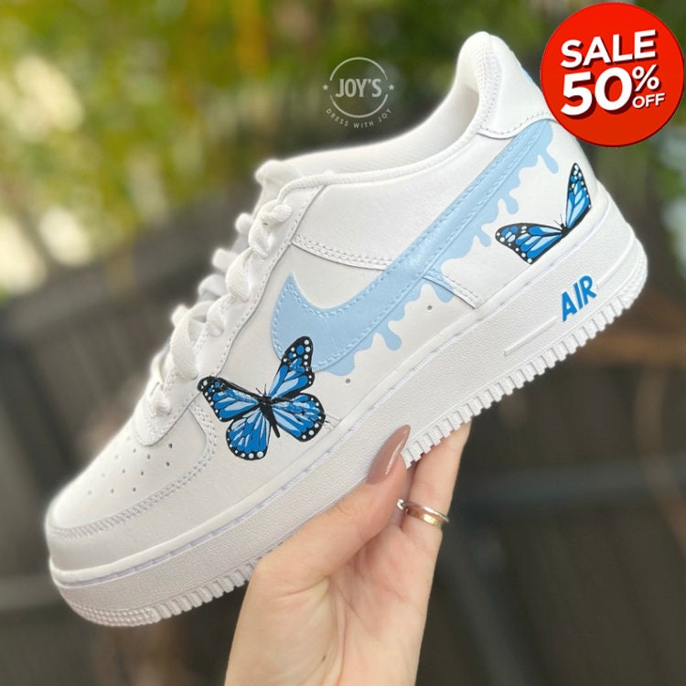 Dripping Blue Custom Air Force 1 Sneakers With Butterflies. 