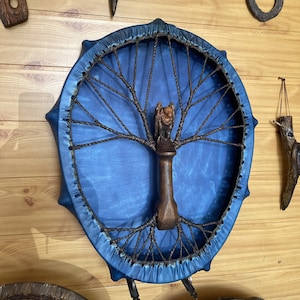Handmade Vulture Shaman Drum: Blue Goat Skin, Ash Wood, Alder Handle (24/20 inch)