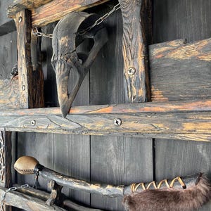Shaman Ceremonial Rattle & Drum Beater: Rawhide, Goat Skin, Beaver Fur