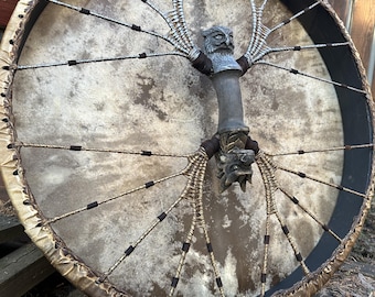 Handcrafted Shaman Drum: Four wings Dragon & Owl Carved Handle, 24 in