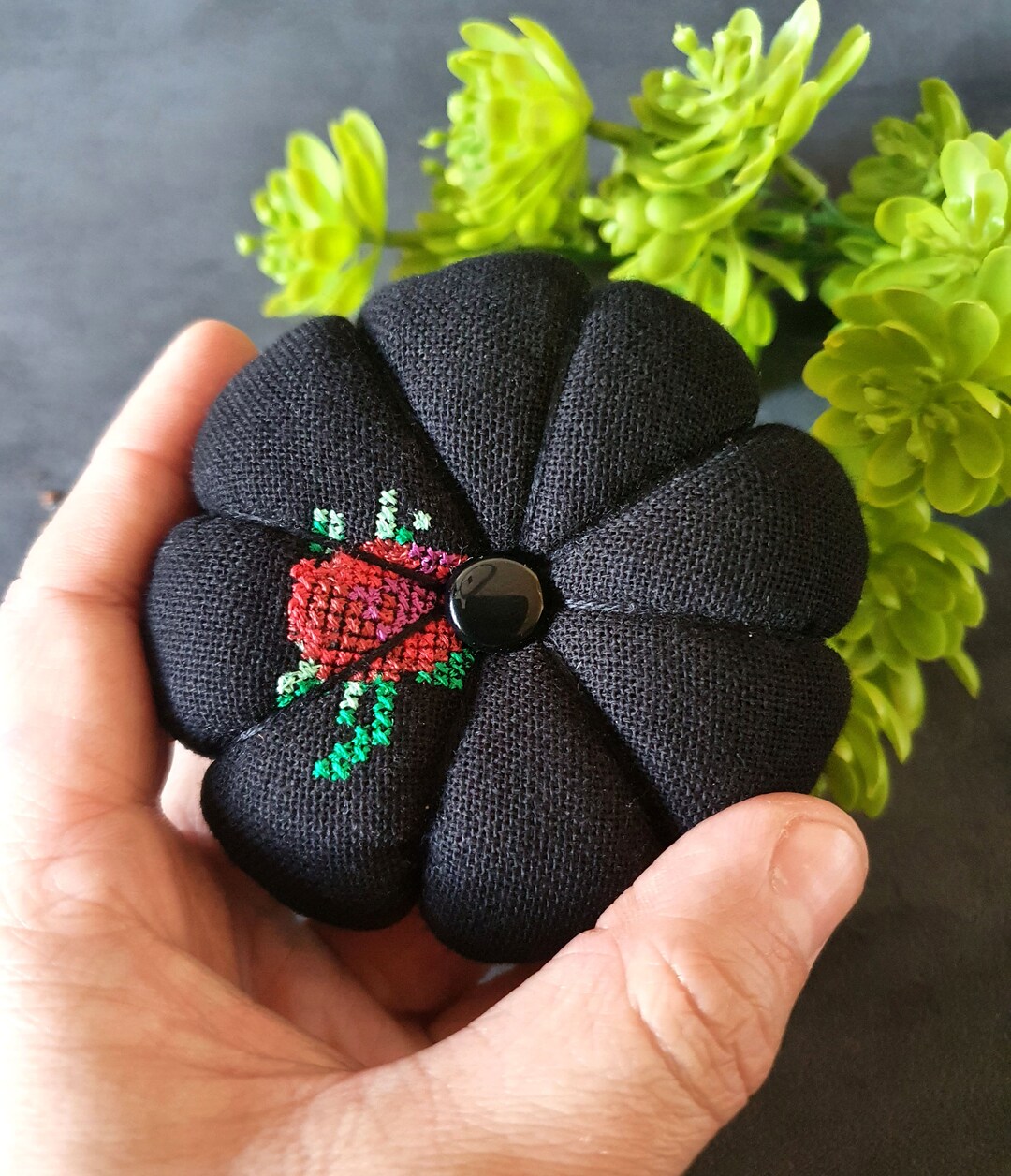 Black Pincushion With a Rose Hand Cushion for Pins Young Etsy