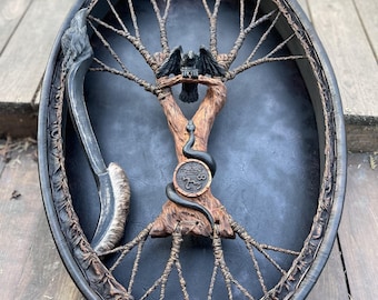 Handmade Shamanic Drum: Tree of Life, Raven, Serpent - 28/20 inch