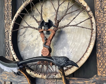 Handmade Shaman Drum: 20" Raven & Snake, Soul Music Ritual Tool