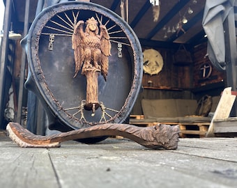 Handcrafted Shaman Drum: Gamayun Bird, Slavic Mythology Ritual Tool (20/16 inches)