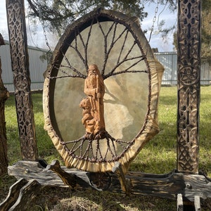 Handmade Shaman Drum: Slavic God Veles, Goat Skin, Ash & Alder Wood