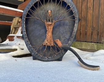 Handmade Condor Shaman Drum: Blue Goat Skin, Ash Wood, Alder Handle (24/20 inch)