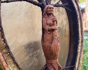 Handcrafted Shaman Drum: Baba Yaga, Slavic Mythology Ritual Tool (20/16 inches)