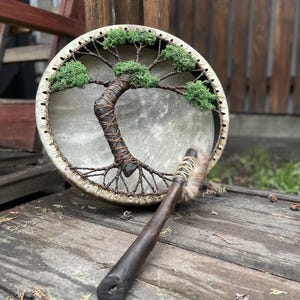 Meditation drum Bonsai, Shamanic drum, Hand drum, Shaman tools, Shaman decor, Handpan goat skin drum Tree of Life 16 inches