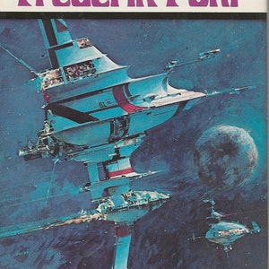 Könnte beinhalten: Ein Buchcover mit dem Titel "The best of Frederik Pohl" in lilafarbener Schrift. Das Cover zeigt eine futuristische Illustration eines Raumschiffs im Weltraum mit einem Mond im Hintergrund.