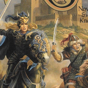 May include: A fantasy novel cover featuring two riders on horseback, one in blue armor with a sword and the other in brown armor with a bow and arrow. The title of the book is "Reap the Whirlwind" and it is a novel of the "Sword of Knowledge".