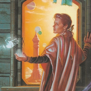 May include: A book cover with a gold title "The Shadow Matrix" by Marion Zimmer Bradley. The cover features a woman in a long, pink robe reaching out to a glowing figure in a blue robe. The background is a window with a view of a city and planets.