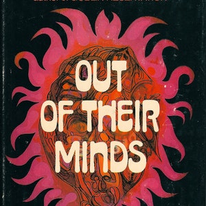 May include: A vintage paperback book cover with a pink and orange sunburst design. The title is "Out of Their Minds" by Clifford Simak, author of "Goblin Reservation".