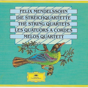 Puede incluir: Una portada de álbum azul turquesa con un borde amarillo. La portada del álbum presenta un pájaro posado en una rama con hojas verdes. El texto en la portada del álbum dice "Felix Mendelssohn Die Streichquartette The String Quartets Les Quatuors a Cordes Melos Quartett" y "Deutsche Grammophon".