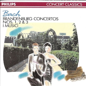 May include: A CD cover featuring a colorful illustration of a couple in a garden setting. The text on the cover reads "Bach Brandenburg Concertos Nos. 1, 2 & 3 I Musici" and "Concert Classics".