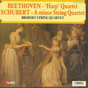 May include: A vintage album cover featuring a painting of three women playing music. The women are dressed in white and yellow dresses and are playing a harp, a violin, and a cello. The album cover is titled "BEETHOVEN - 'Harp' Quartet SCHUBERT - A minor String Quartet BRODSKY STRING QUARTET".