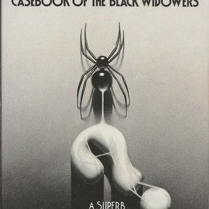 May include: A black and white book cover with the title "ISAAC ASIMOV CASEBOOK OF THE BLACK WIDOWERS" in red text. The cover features a black spider with a white background and a white, abstract, three-dimensional shape.