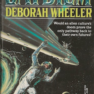 May include: A science fiction book cover featuring a spaceship in space with a person in a spacesuit floating in front of it. The book title is "Jaydium" by Deborah Wheeler. The text on the cover reads: "Would an alien culture's doom prove the only pathway back to their own futures?"
