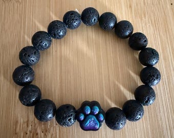 Paw print charm bracelet, lava rock beads, lava rock bracelet, dog mom bracelet, dog dad bracelet, dog mom gift, pet memorial jewelry