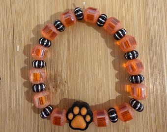 Handmade Black Orange Paw Print Beaded Bracelet, Dog Lover Gift