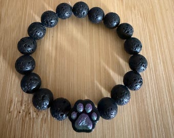 Paw print charm bracelet, lava rock beads, lava rock bracelet, dog mom bracelet, dog dad bracelet, dog mom gift, pet memorial jewelry