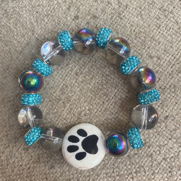 Beaded bracelet, paws, paw charm bracelet, handmade, animals, dogs, cats, rescue mom gift, dog mom, cat mom, stretch bracelet