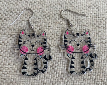 Cat earrings, fluffy cat, kitty, cats, cat mom, under 20, gift idea, acrylic, femme, ready to ship, cat, kitty Kat, kitten, gift idea