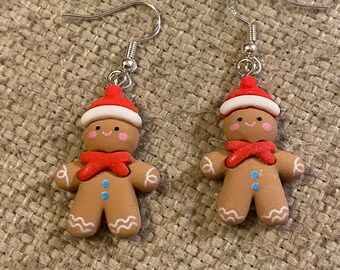 Gingerbread man earrings, gingerbread, gingerbread cookie, polymer earrings, polymer, Christmas, under 20, ready to ship, gift idea for her