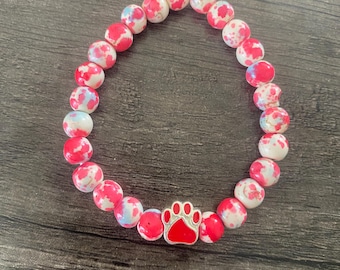 Handmade dog & cat lover beaded bracelet, pet themed stretch cord jewelry, paw print charm gift for animal lovers, dog mom gift,cat mom gift