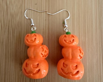 Stacked Jack-o-Lantern Earrings, Halloween Fall Jewelry, Medium-Length Pumpkin Earrings