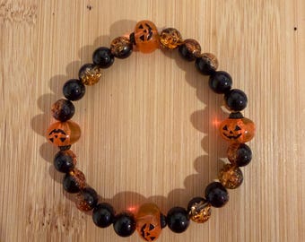 Handmade Halloween Pumpkin Beaded Bracelet, Black Orange Fall Jewelry